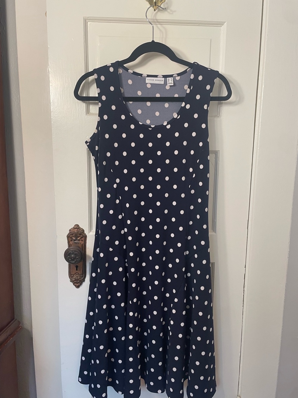 Susan Graver Navy and White Polka Dot Midi Dress